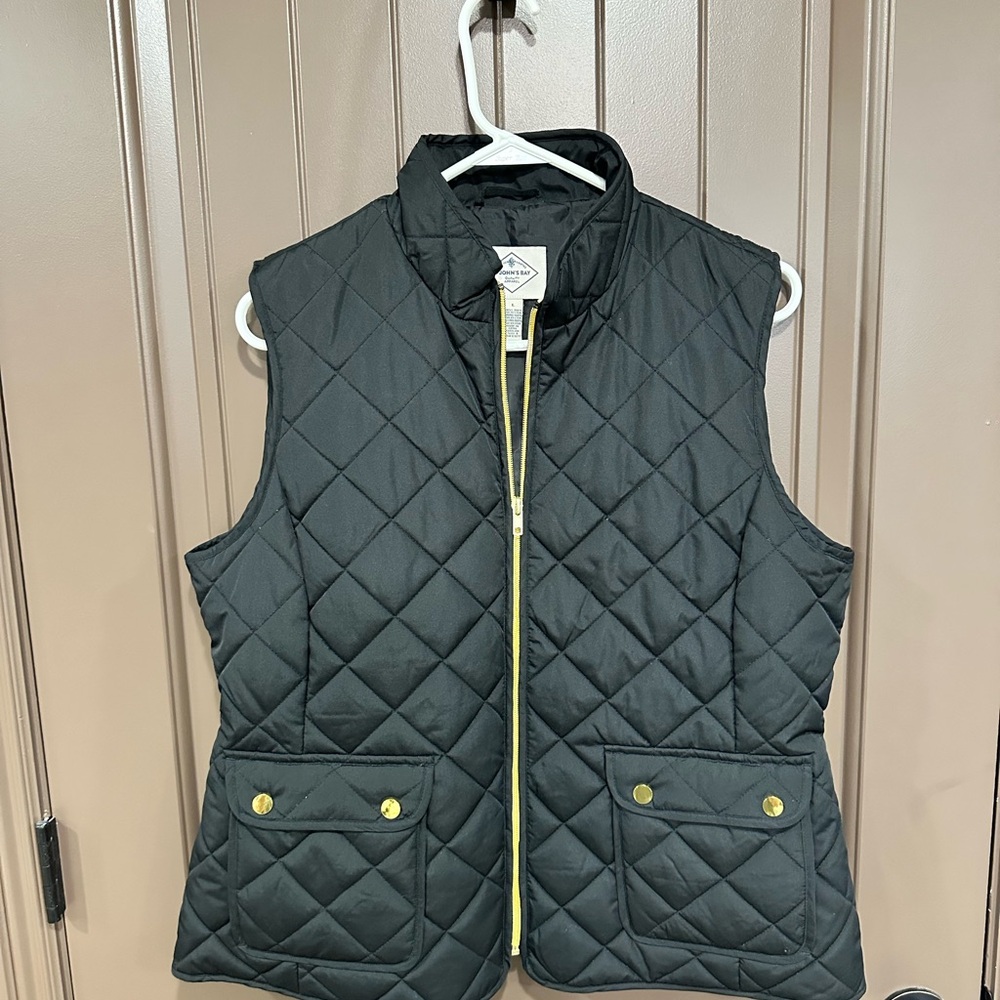 St. John's Bay Black Quilted Vest with Gold Zipper